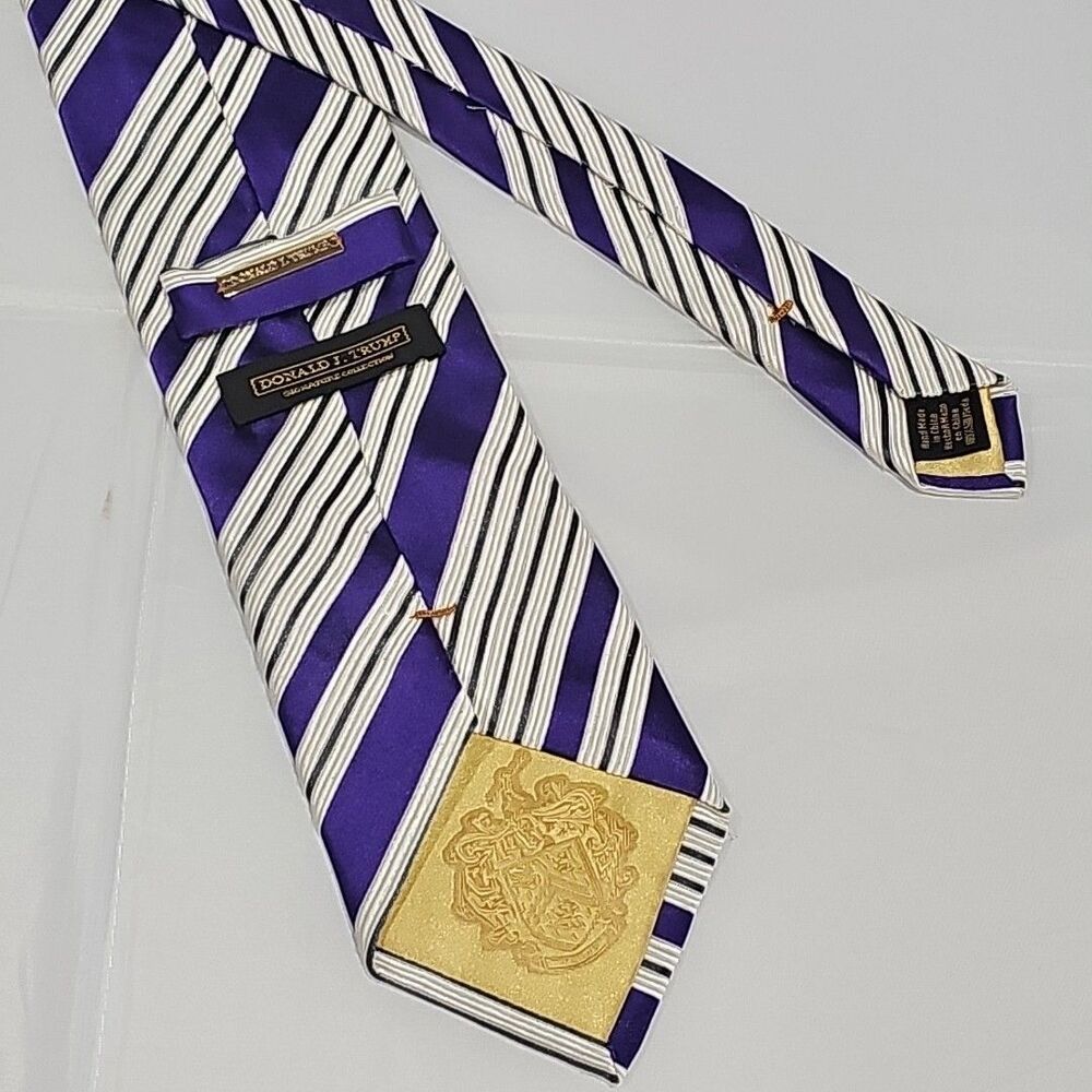 VINTAGE Donald J Trump Silk Tie Striped Classic One Size Designer Purple Grey